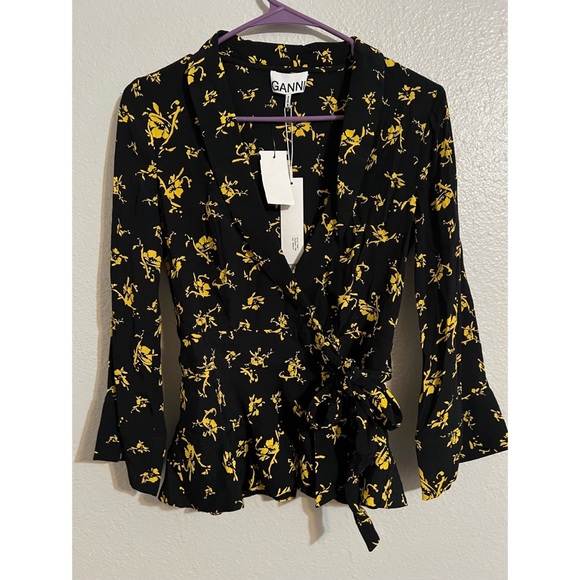 GANNI Floral Print Crepe Wrap Blouse in Black - Picture 3 of 7